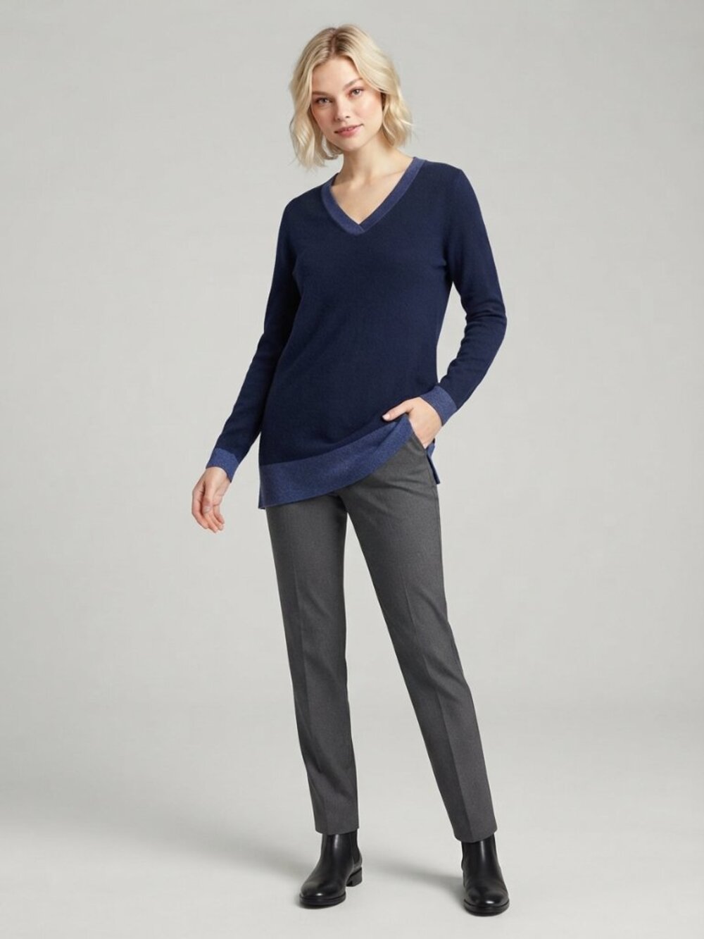 2/$30 Lands' End Cotton V-Neck Tunic Sweater Indigo Contrast Medium #A4793